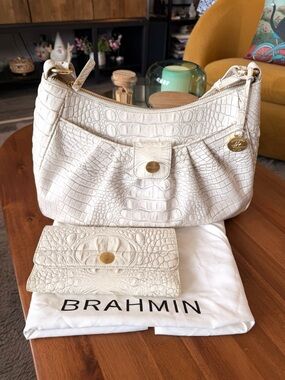 Brahmin White Croc-Embossed Shoulder Bag with Matching Wallet